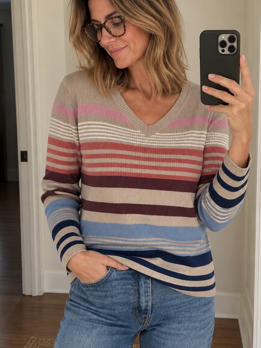 Liz Claiborne Ribbed Striped V-Neck Sweater 90s Preppy Size Large